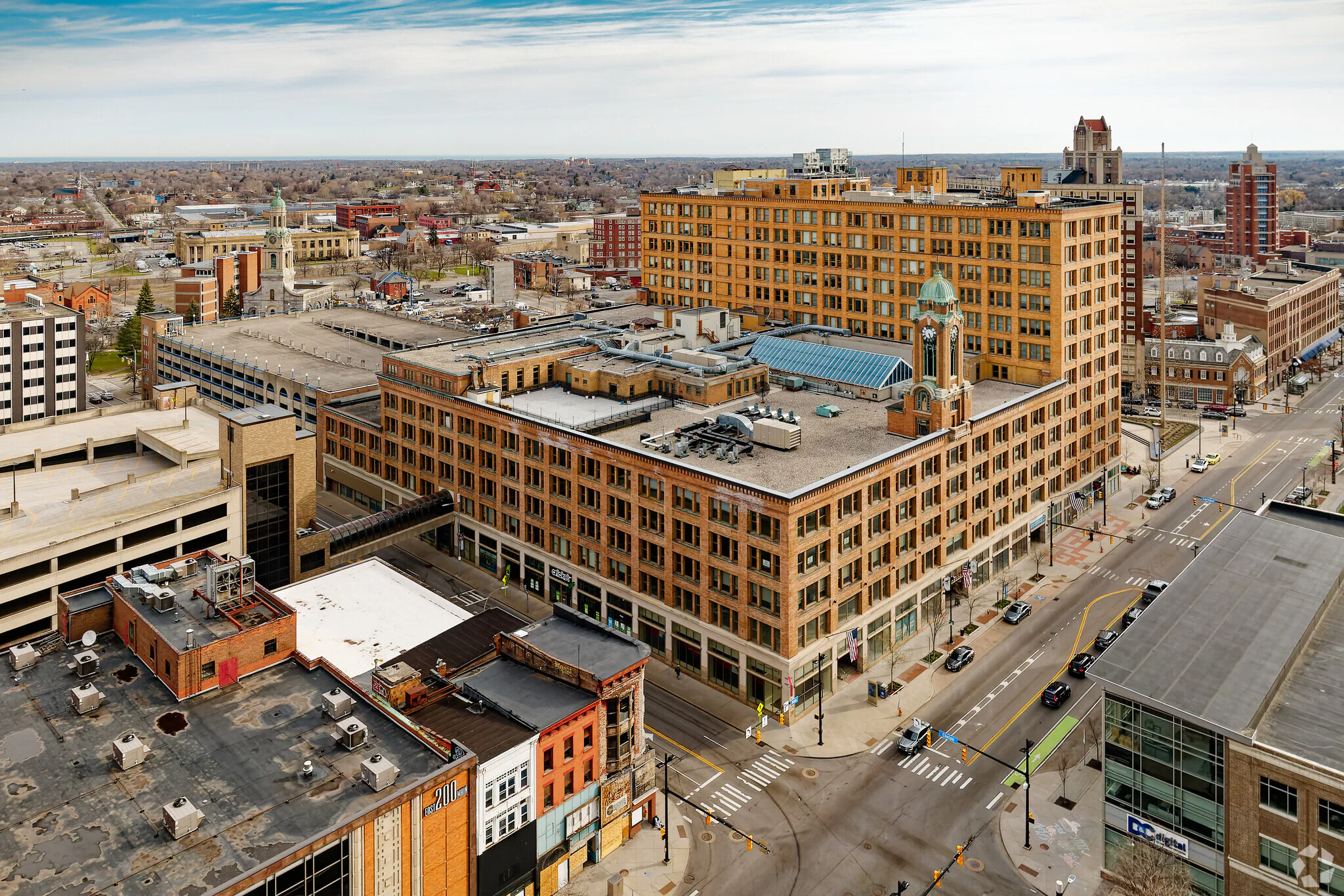 Aerial view of the Sibley Building in downtown Rochester